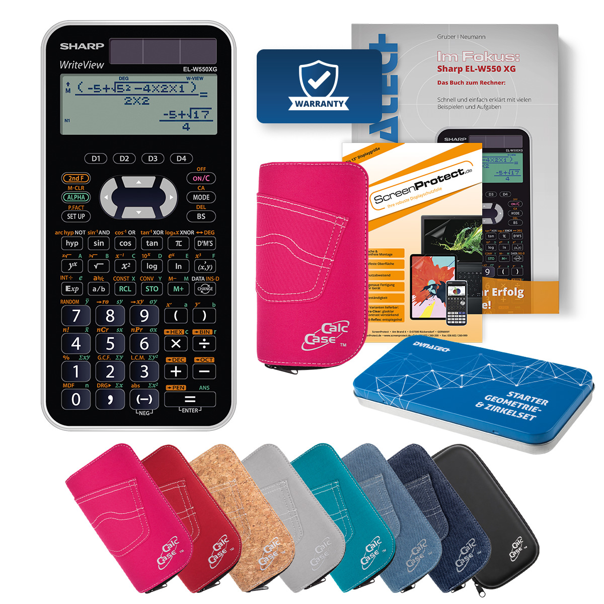 Sharp EL-W550 XG Rechner mit Tasche pink, Schutzfolie, Fachbuch & Zirkel Set 