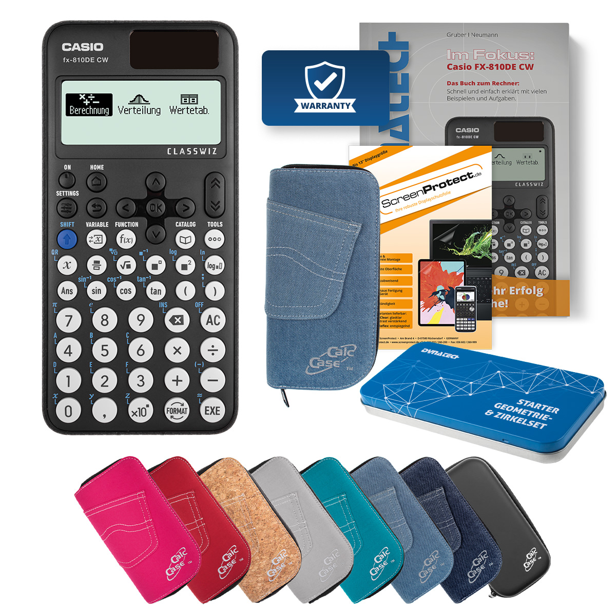 Casio FX-810 DE CW Rechner mit Tasche hellblau, Folie, Fachbuch & Zirkel Set 