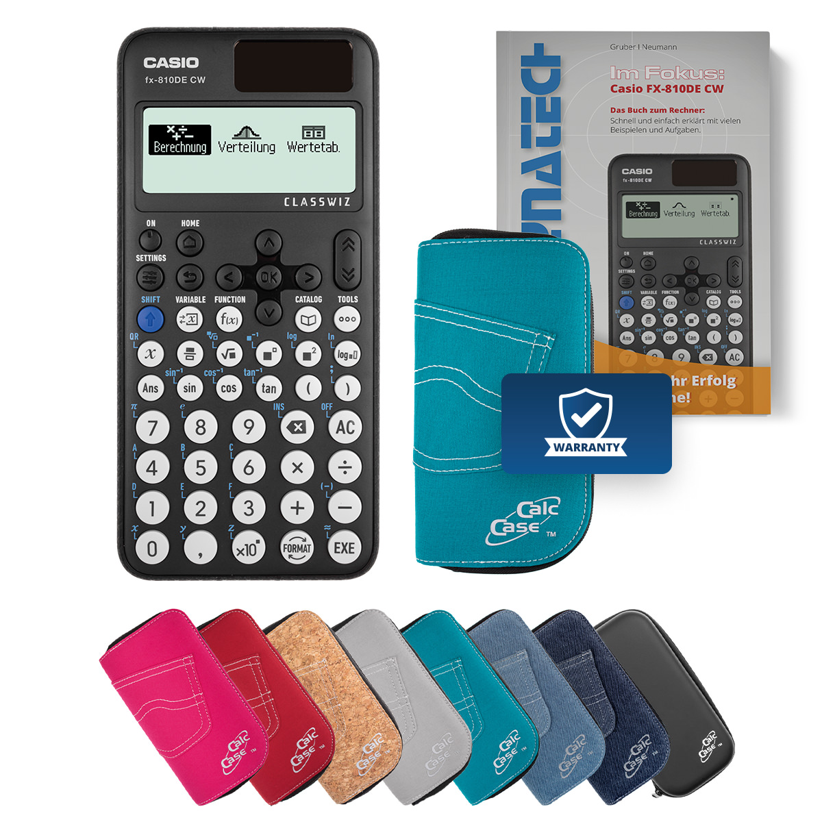 Casio FX-810 DE CW Schulrechner mit Schutztasche türkis und Fachbuch 
