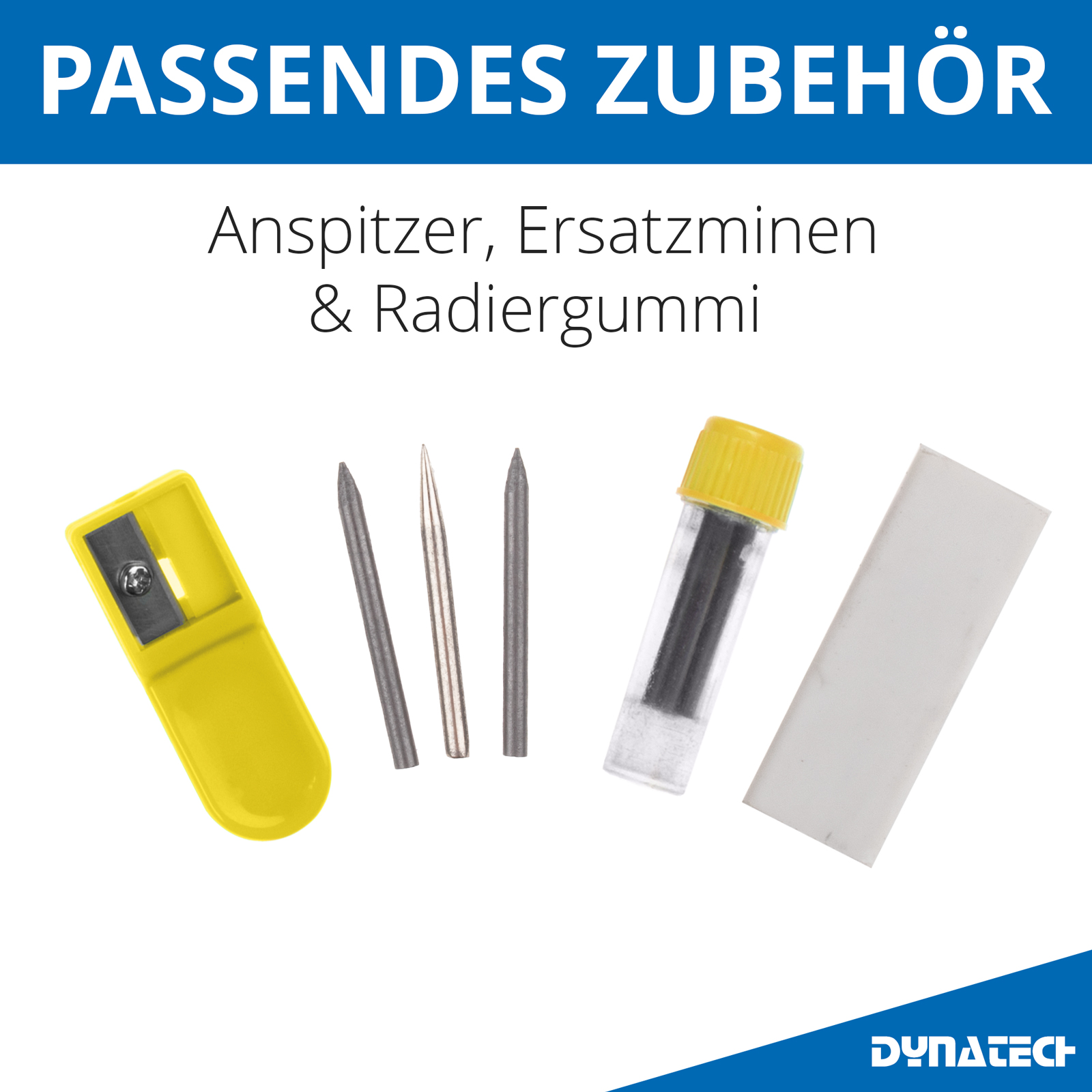 DynaTech Schnellverstellzirkel gelb inkl. 2 Ersatzminen, Etui & 10 weiteren Zubehörartikeln