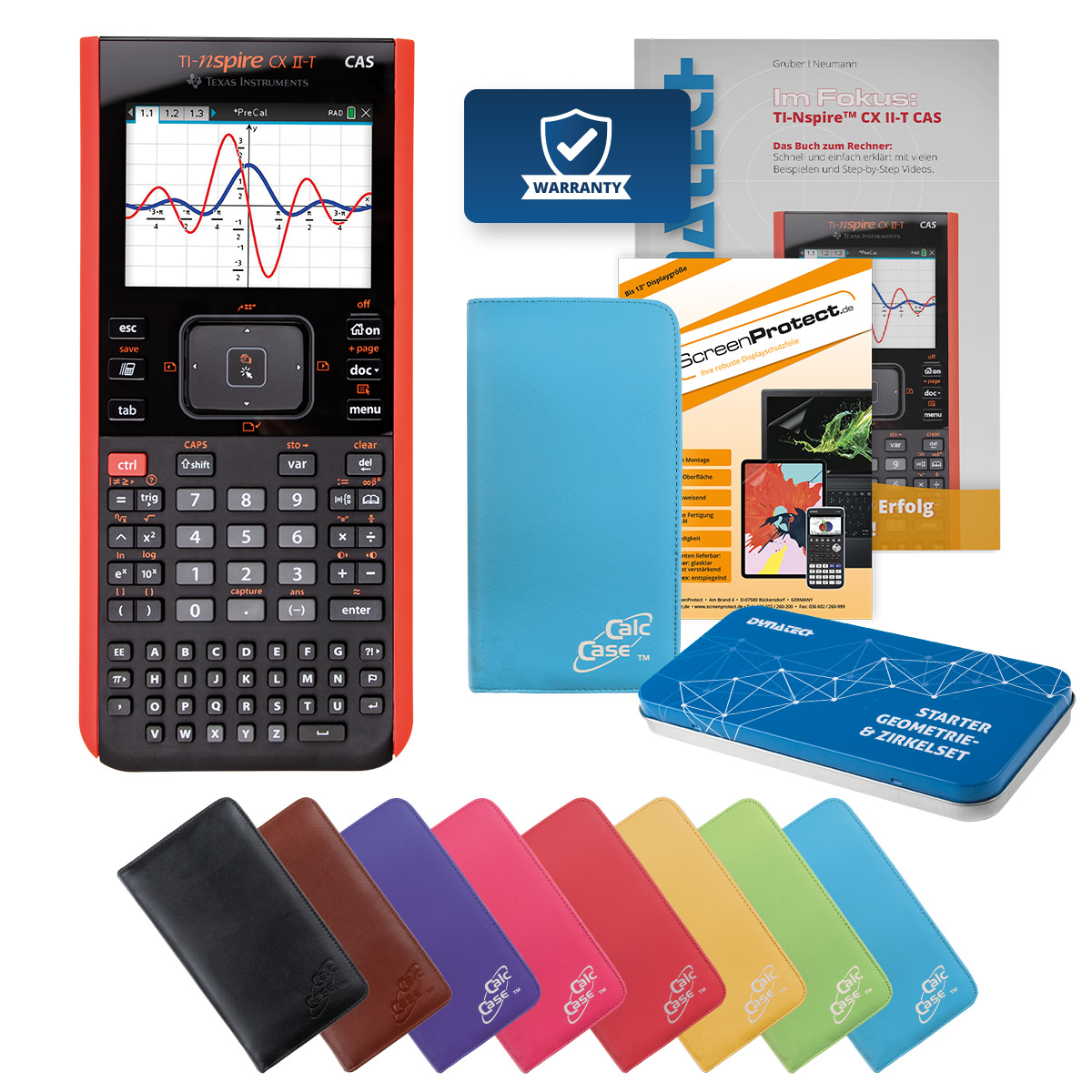 TI-Nspire CX II-T CAS Rechner mit Tasche hellblau, Folie, Fachbuch & Zirkel Set 