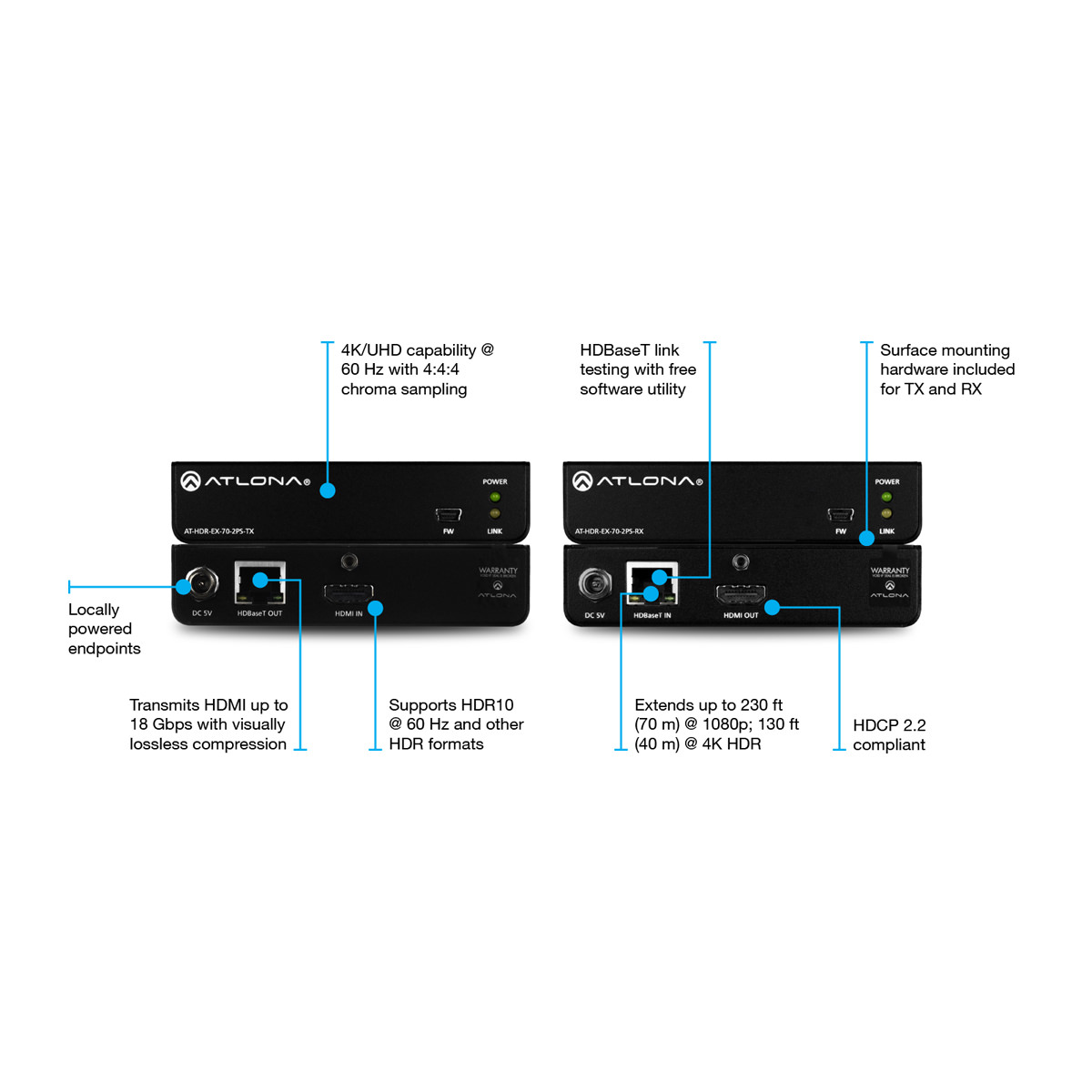 Atlona AT-HDR-EX-70-2PS 4K HDR HDMI HDBaseT TX/RX Kit 