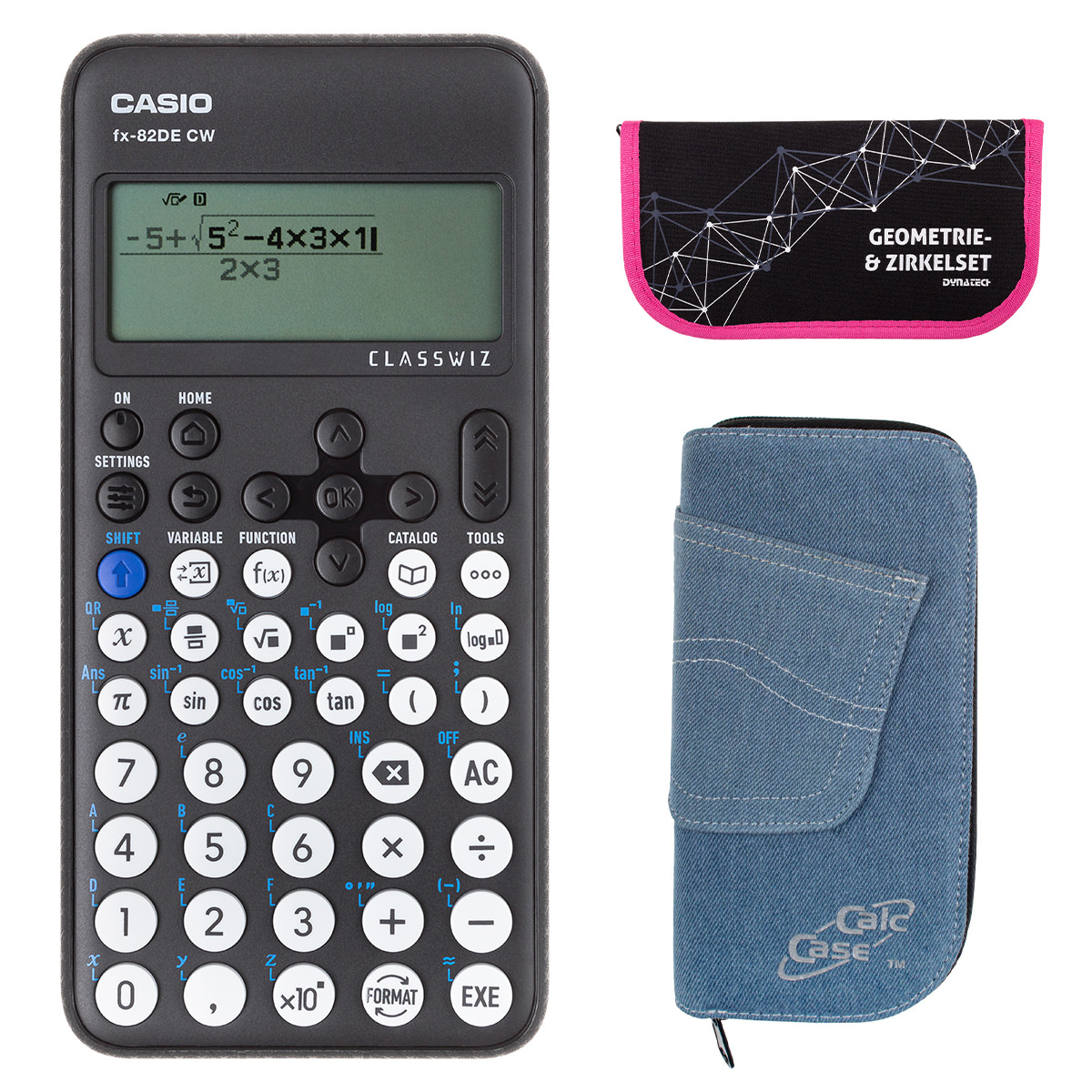Casio FX-82 DE CW mit Jeans-Tasche hellblau, und Zirkelset pink