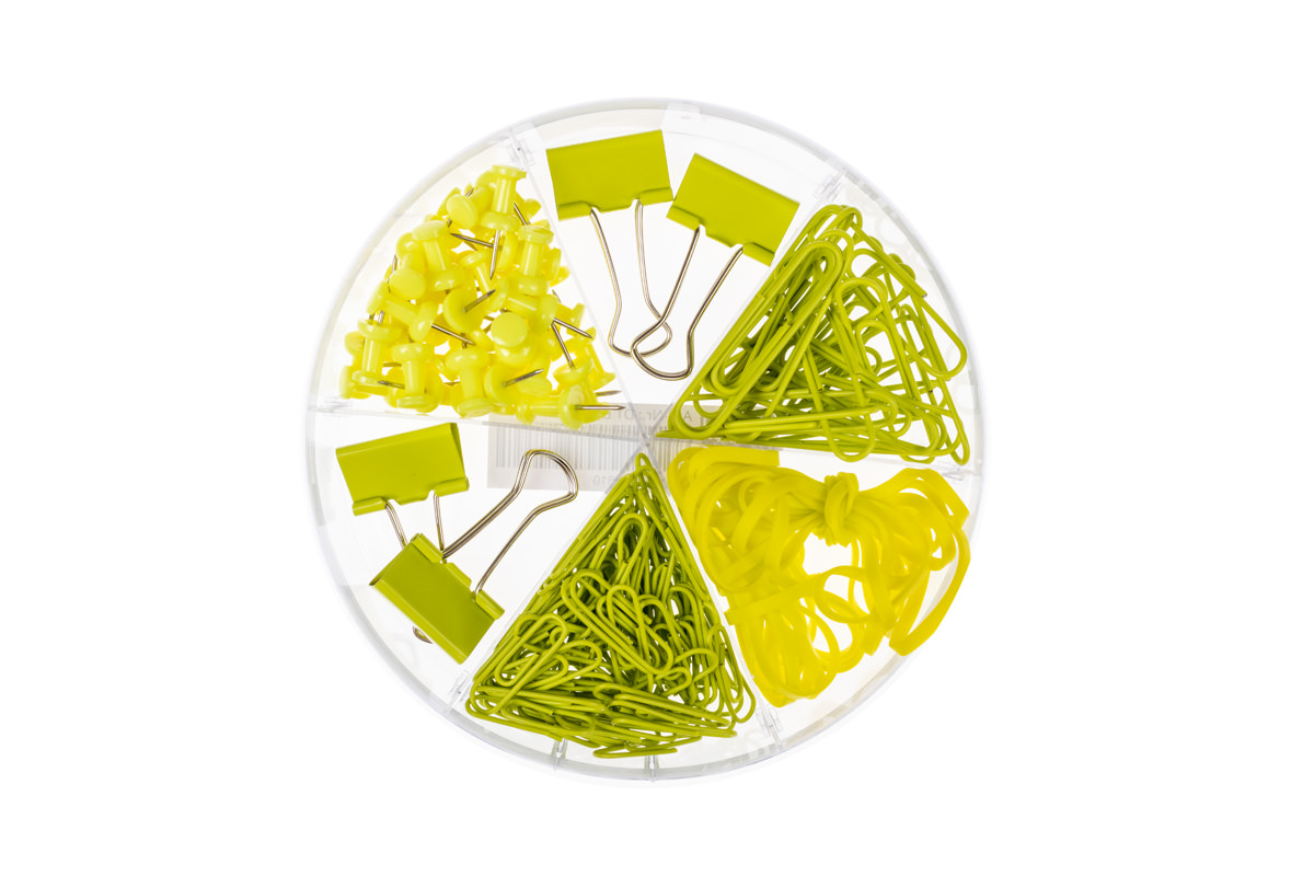 Bürozubehör gemischt gelb mit Pinnadeln, Foldbackklammern, Büroklammern & Gummibändern 