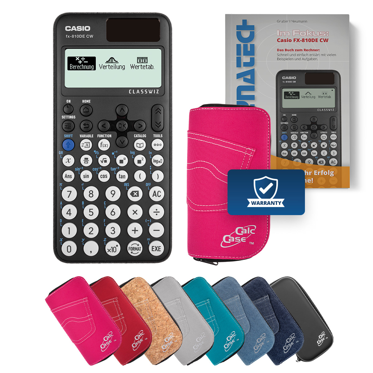 Casio FX-810 DE CW Schulrechner mit Schutztasche pink und Fachbuch 