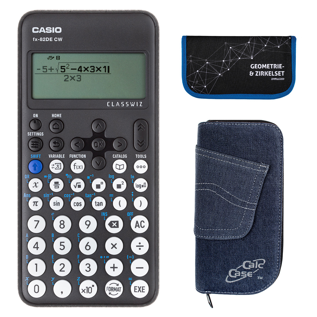 Casio FX-82 DE CW mit Jeans-Tasche dunkelblau, und Zirkelset blau