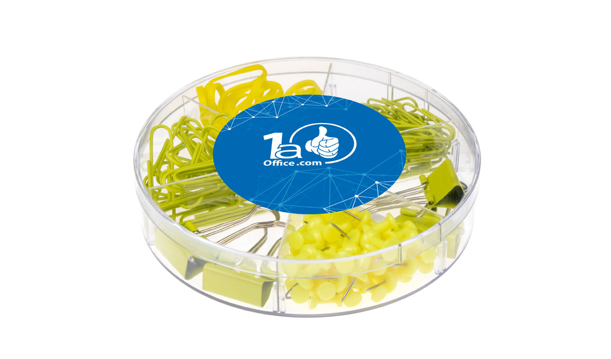 Bürozubehör gemischt gelb mit Pinnadeln, Foldbackklammern, Büroklammern & Gummibändern 