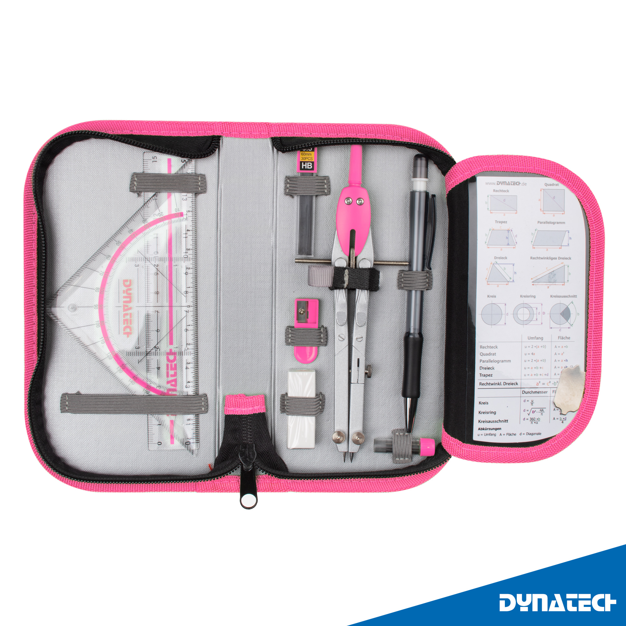 DynaTech Schnellverstellzirkel pink inkl. 2 Ersatzminen, Etui & 10 weiteren Zubehörartikeln