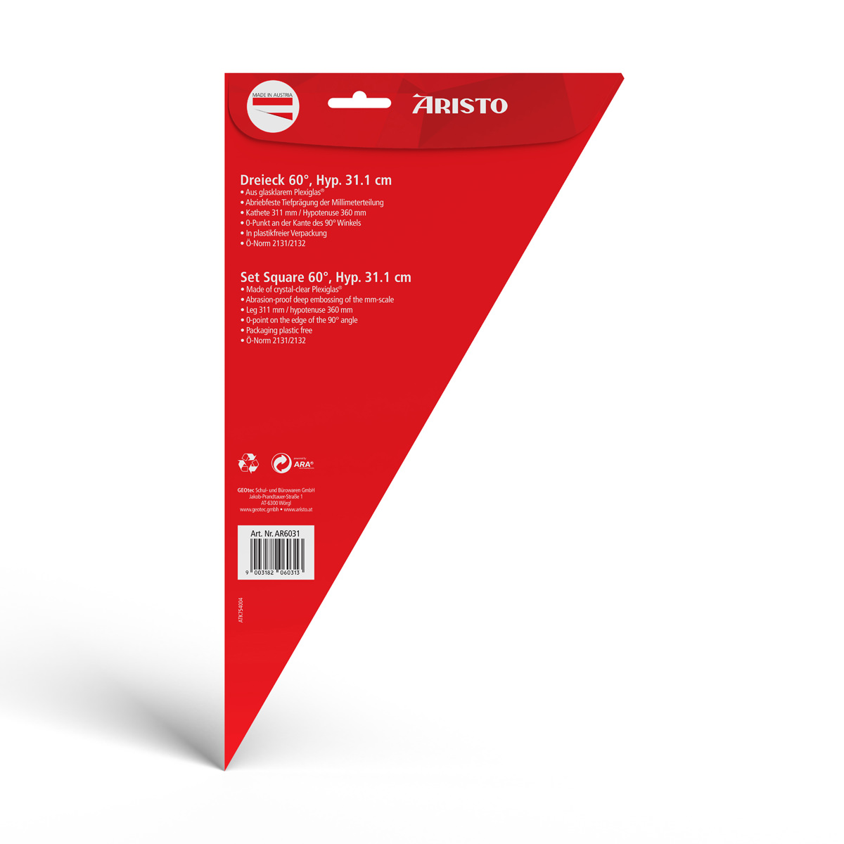 Aristo Dreieck 60 Grad ohne Facette Hypotenuse 36 cm, Teilung 31,1 cm 