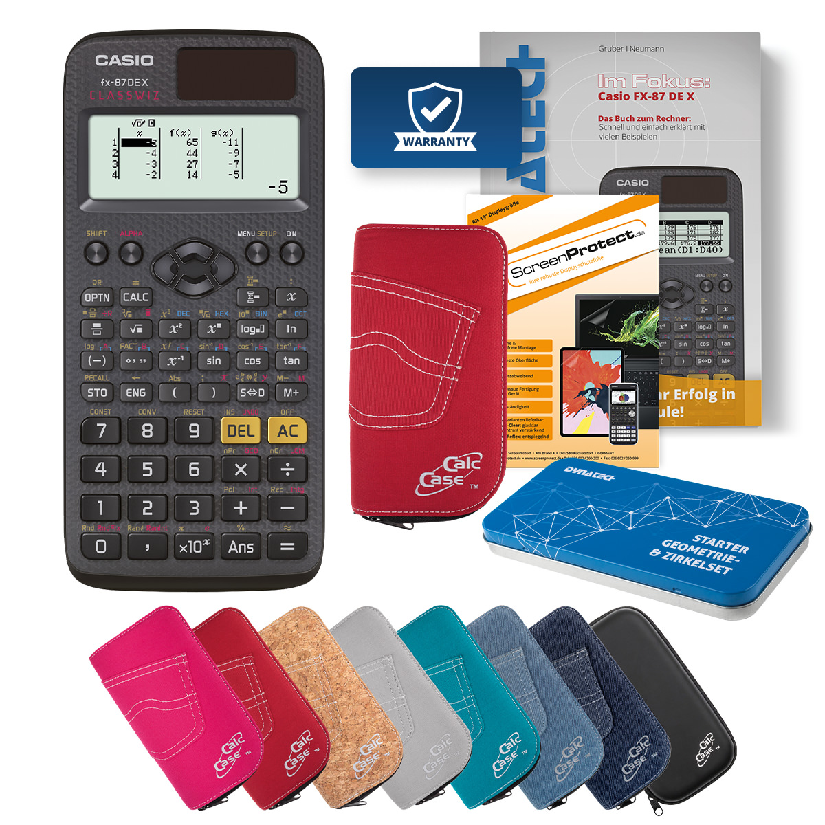 Casio FX-87 DE X Rechner Tasche rot, Folie, Fachbuch & Zirkel Set 