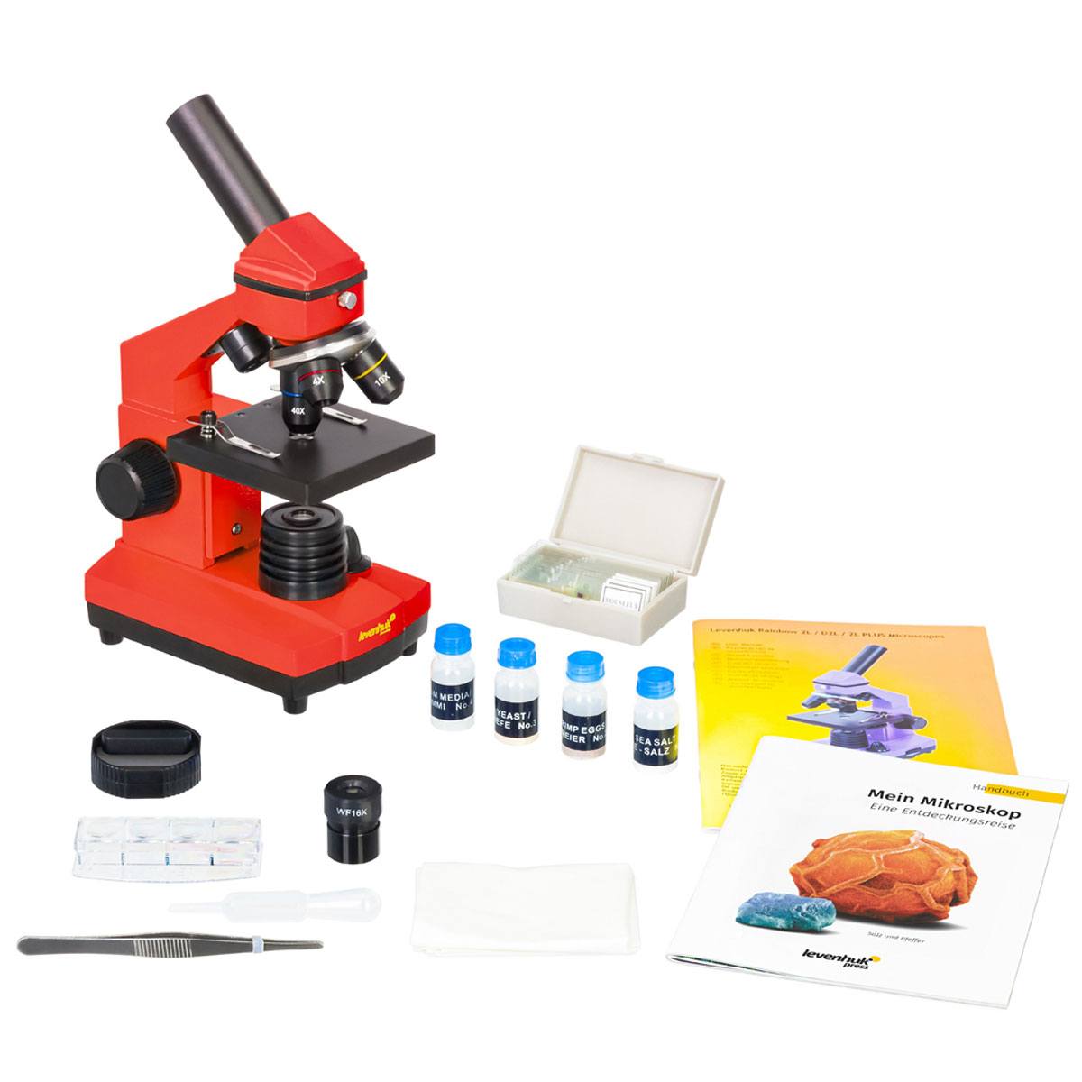 Levenhuk Rainbow 2L PLUS Mikroskop Orange, 64 -640 fach, Ober- und Unterlicht, Experimentierset inkl., Monokularkopf 360° drehbar