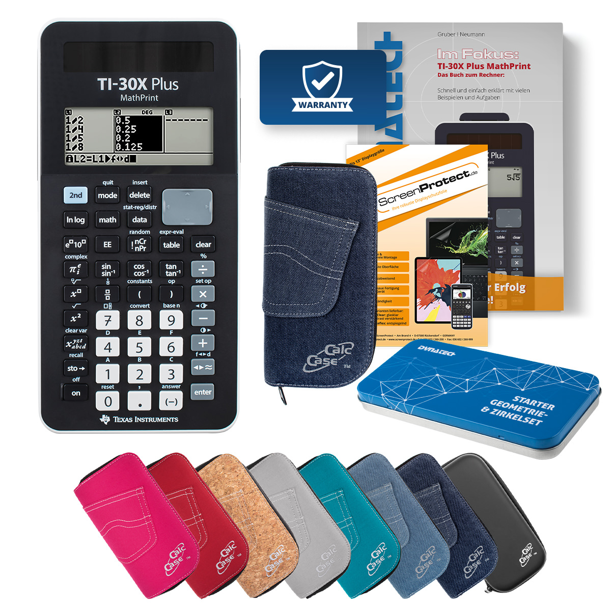 TI-30X Plus MP Rechner mit Tasche dunkelblau, Schutzfolie, Buch & Zirkel Set 
