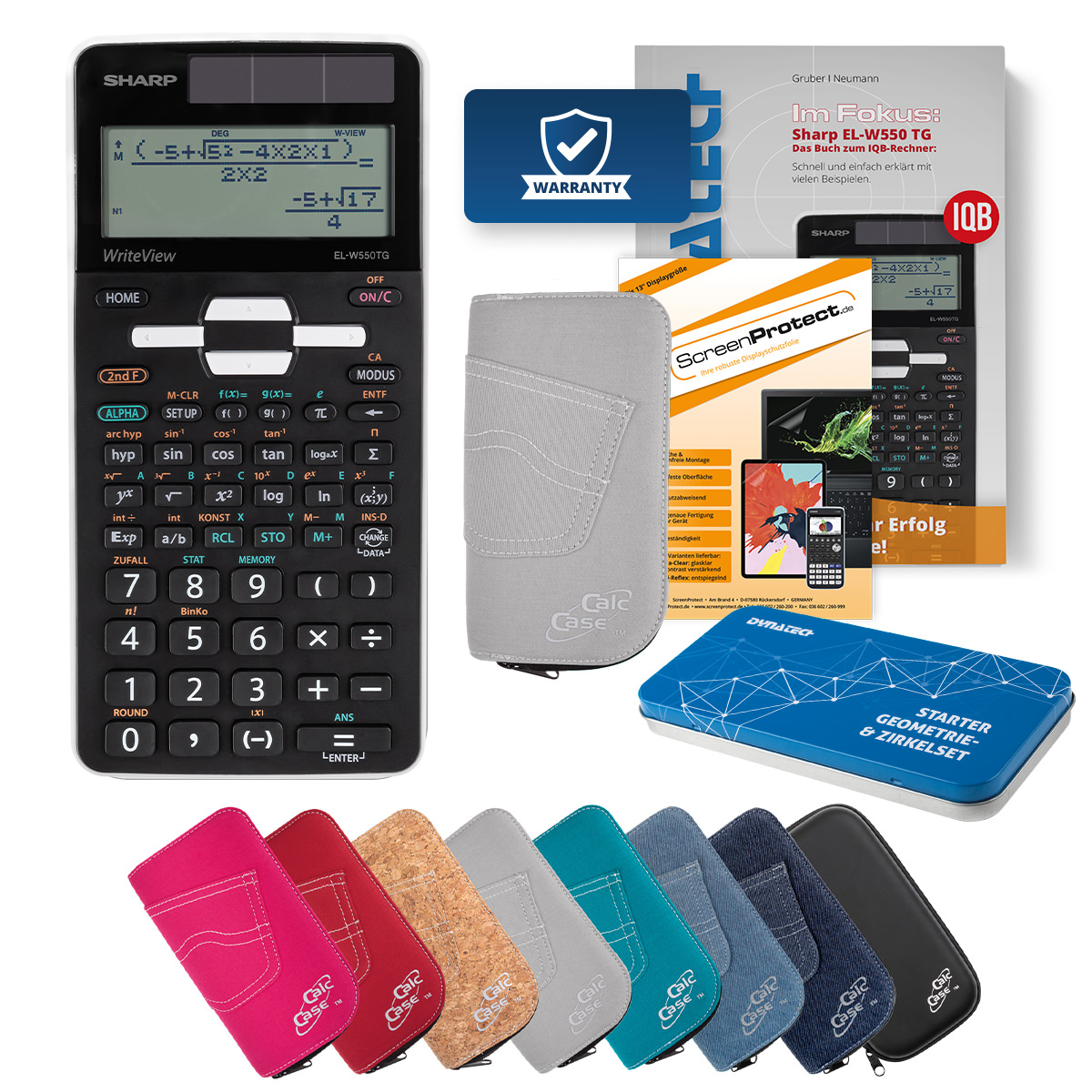 Sharp EL-W550TG Schulrechner, Tasche hellgrau, Schutzfolie, Buch & Zirkel Set 