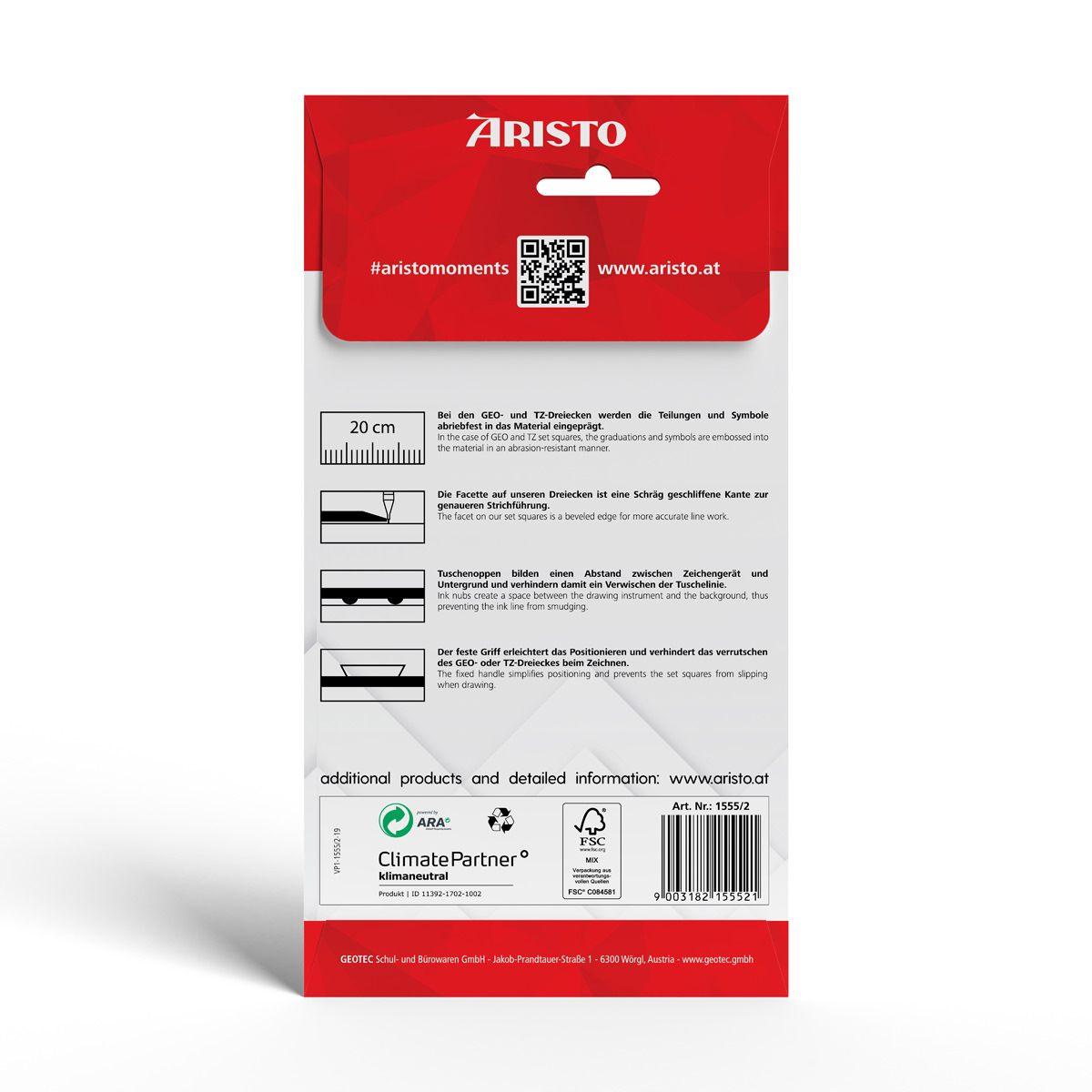 Aristo Geodreieck 22,5 cm mit Griff, Facette und Tuschenoppen 