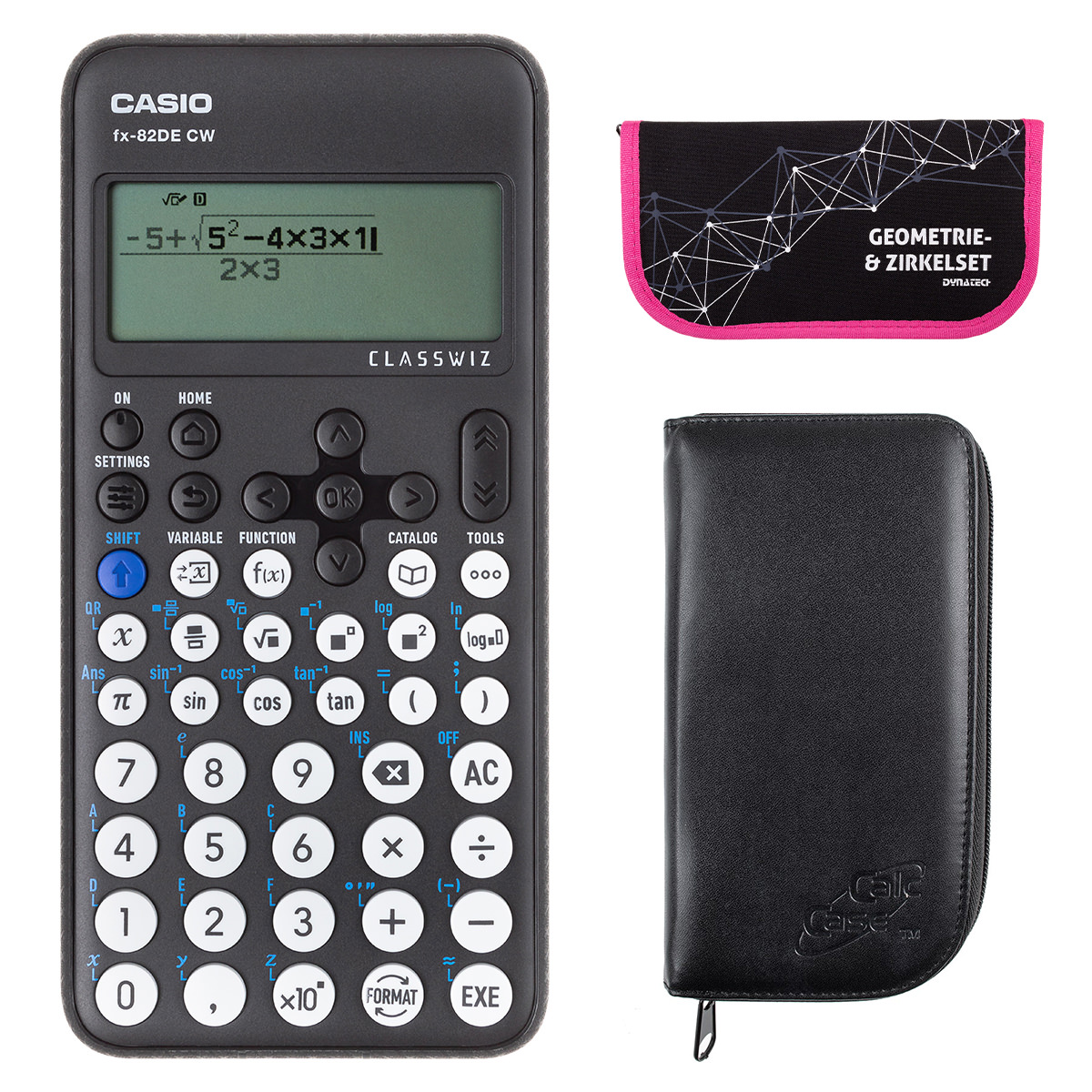 Casio FX-82 DE CW mit schwarzer Tasche, und Zirkelset pink