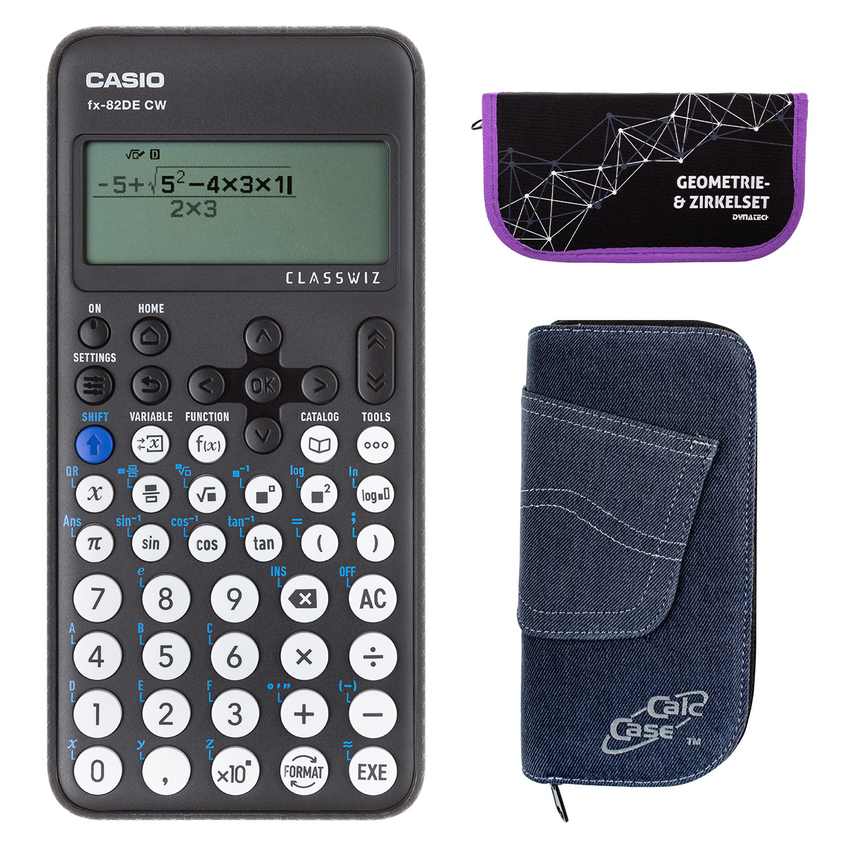 Casio FX-82 DE CW mit Jeans-Tasche dunkelblau, und Zirkelset lila