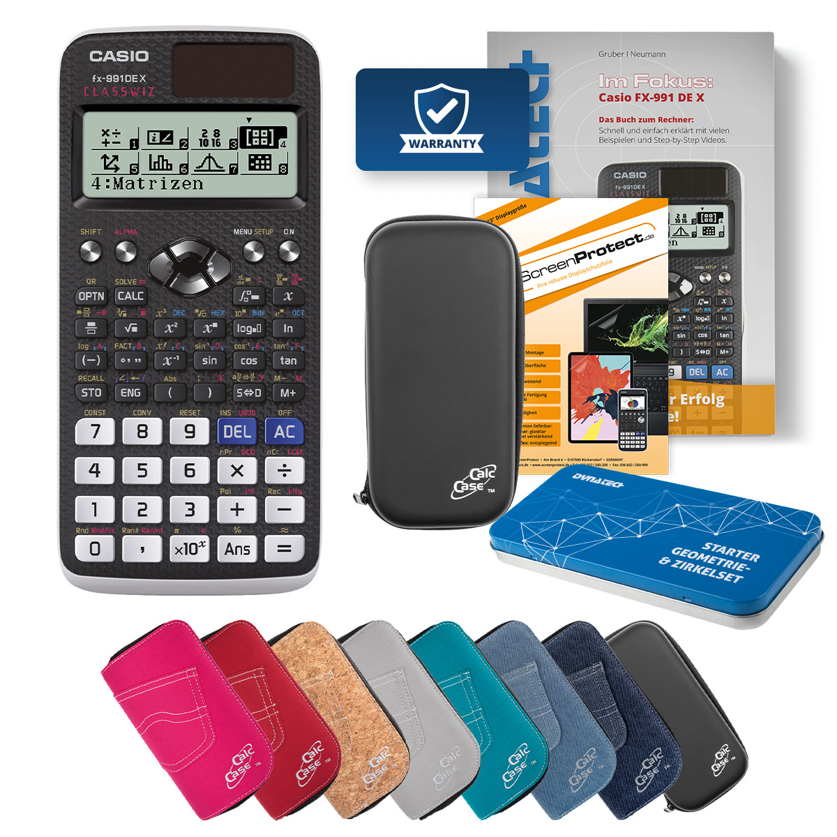Casio FX-991 DE X Schulrechner Deluxe Bundle mit Schutztasche, Schutzfolie, Fachbuch und Zirkel Set 