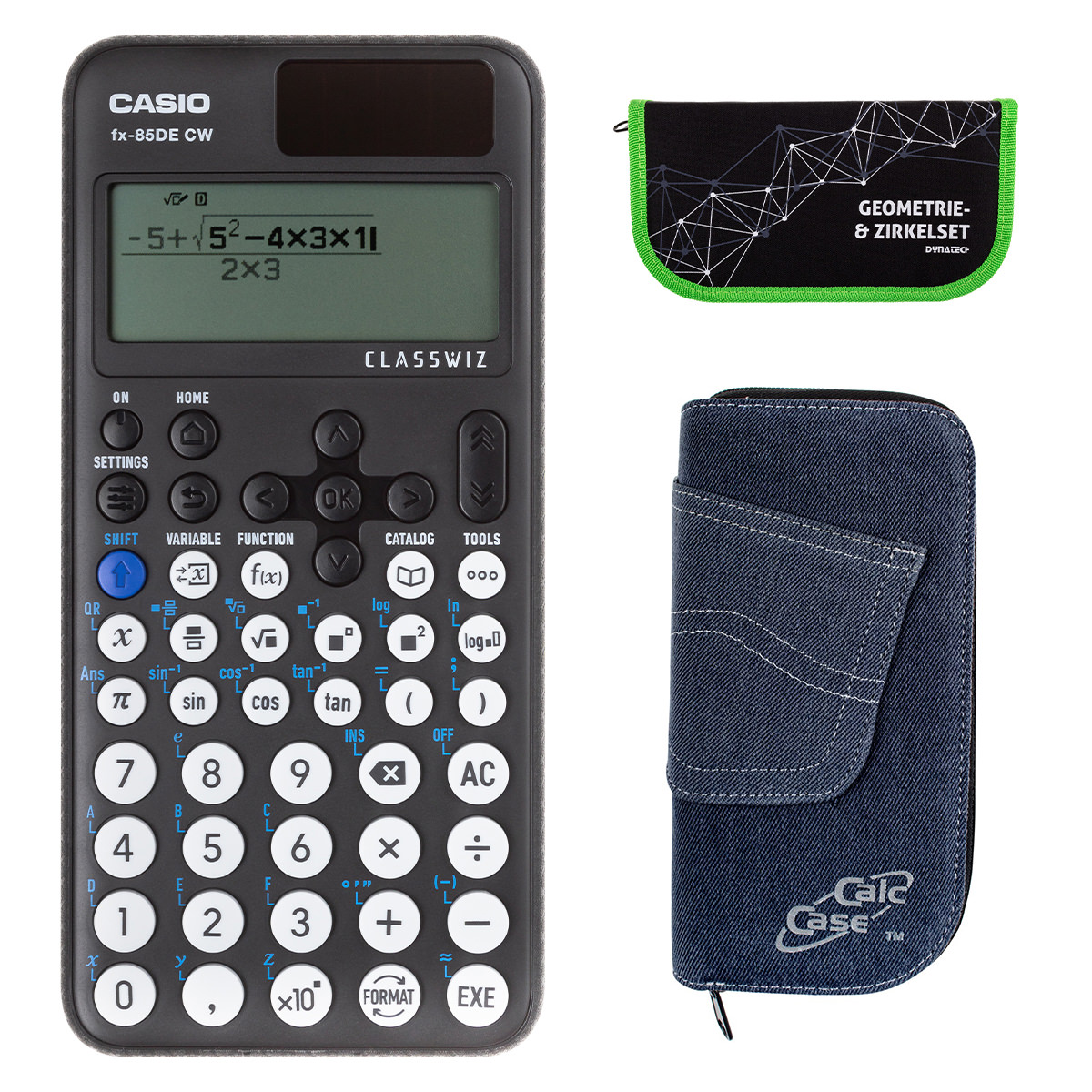 Casio FX-85 DE CW mit Jeans-Tasche dunkelblau und Zirkelset grün
