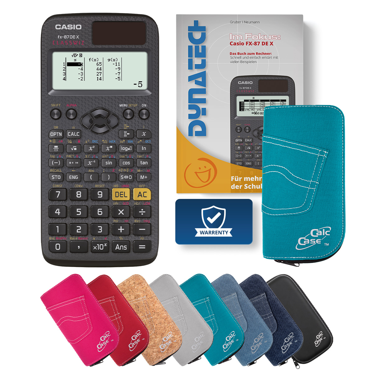 Casio FX-87 DE X Schulrechner, Schutztasche türkis & Fachbuch 