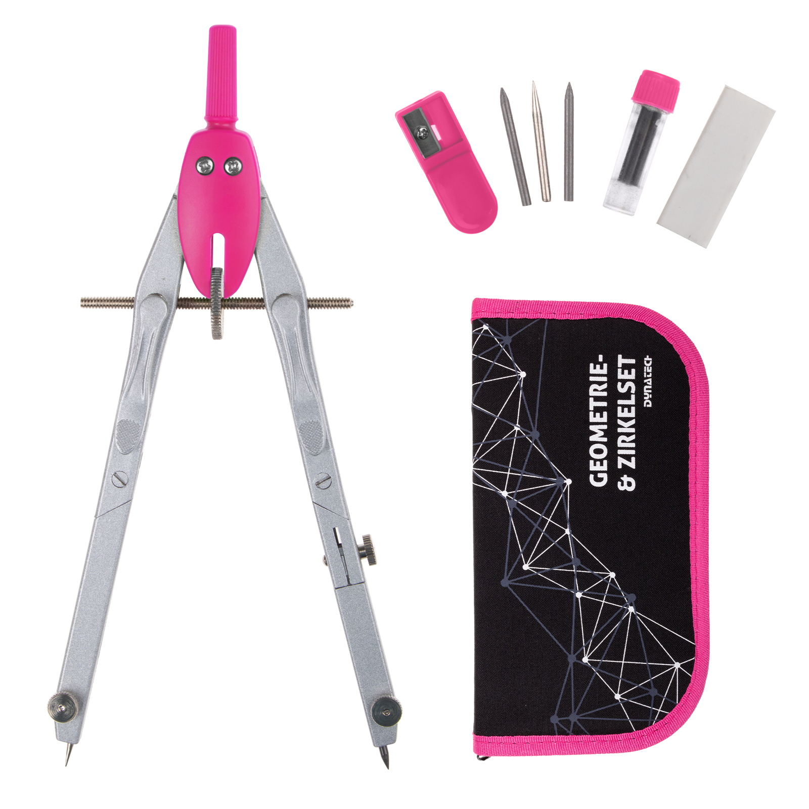 DynaTech Schnellverstellzirkel pink inkl. 2 Ersatzminen, Etui & 10 weiteren Zubehörartikeln