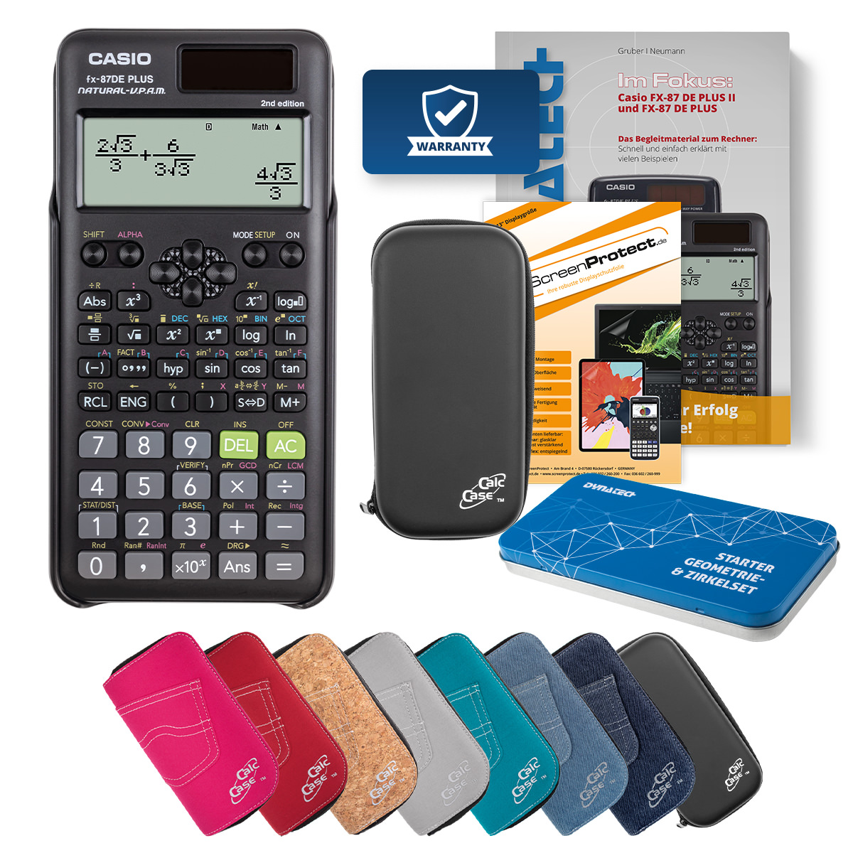 Casio FX-87 DE Plus II Schulrechner Deluxe Bundle mit Schutztasche, Schutzfolie, Fachbuch und Zirkel Set