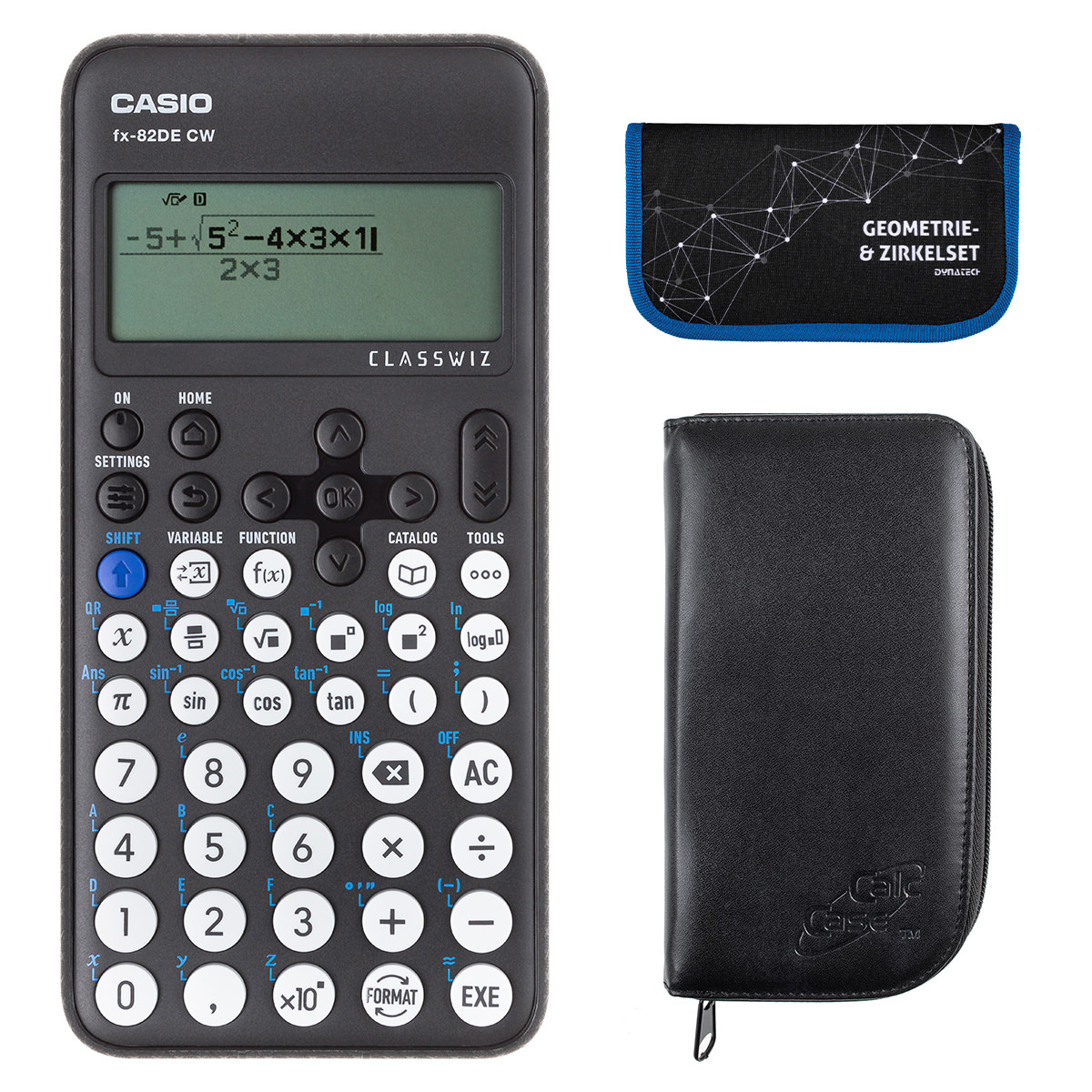 Casio FX-82 DE CW mit schwarzer Tasche, und Zirkelset blau