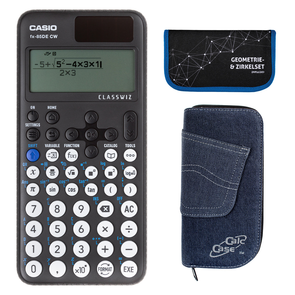 Casio FX-85 DE CW mit Jeans-Tasche dunkelblau und Zirkelset blau
