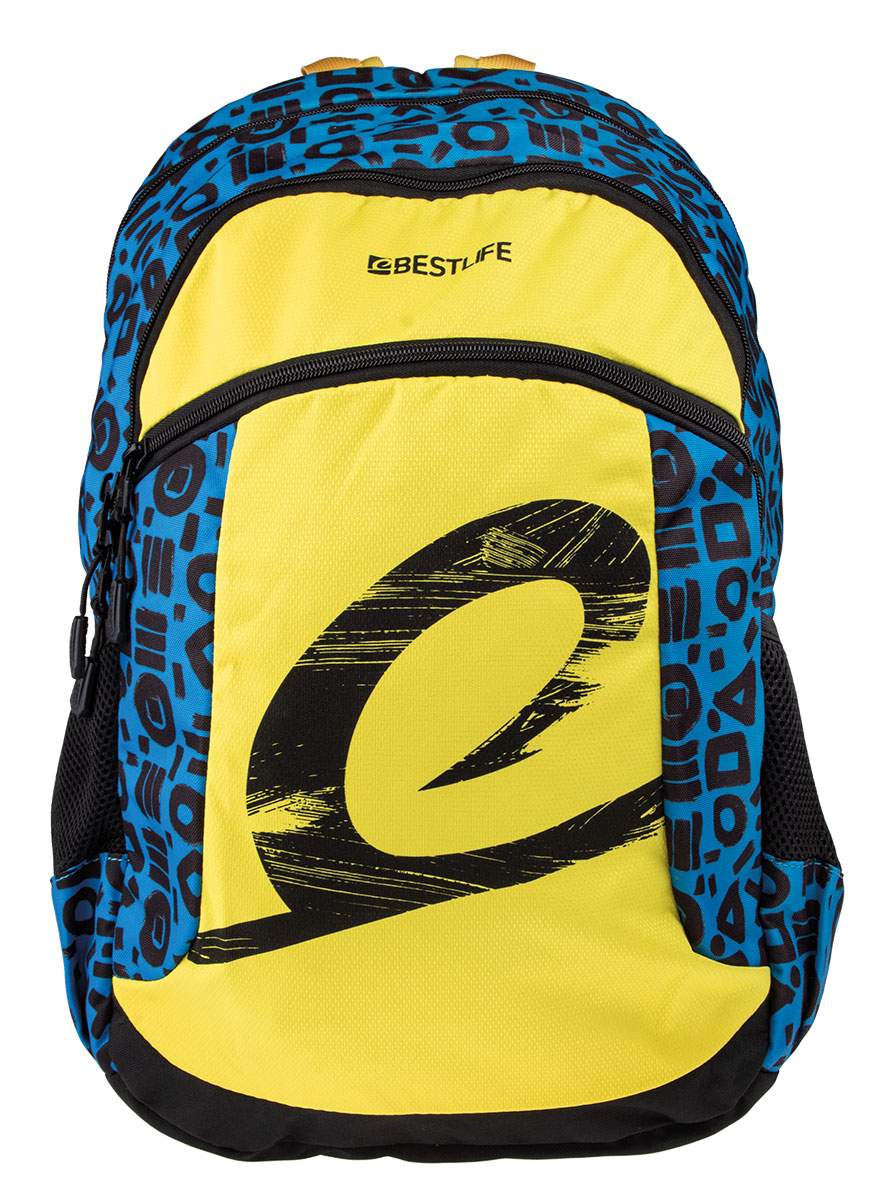 BestLife Schulrucksack für Laptop und Tablet bis 15,6 Zoll, Smartphonefach gelb/blau/schwarz