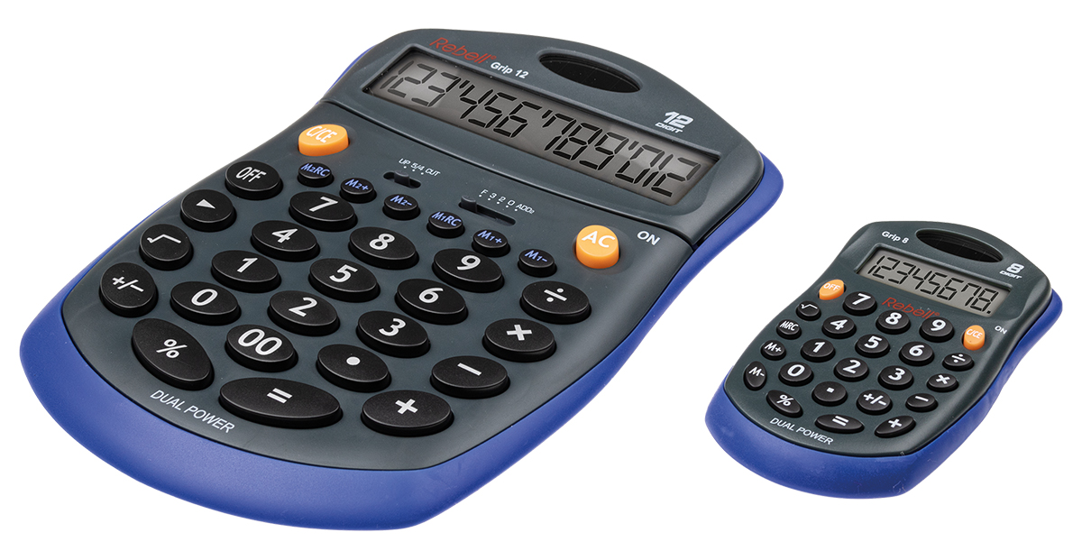 Rebell Grip 8 und Grip 12, 8-stelliger Taschenrechner & 12-stelliger anzeigender Tischrechner 2-in-1 Set