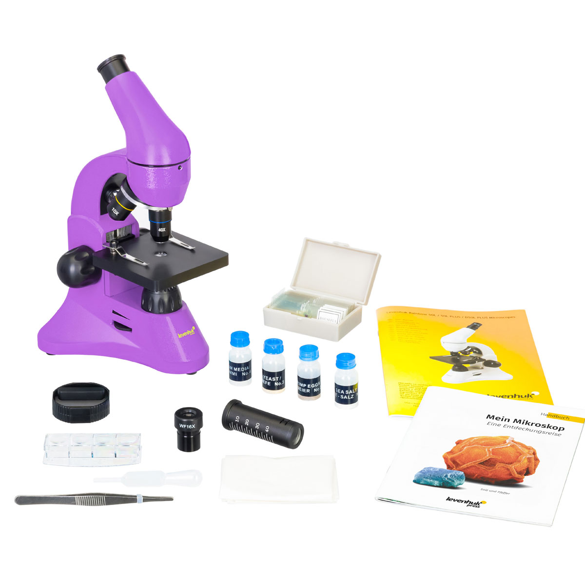Levenhuk Rainbow 50L PLUS Mikroskop Amethyst, 64 - 1280 fach, 2 LED Beleuchtungssysteme, Experimentierset inkl., Netz- bzw. Batteriebetrieb