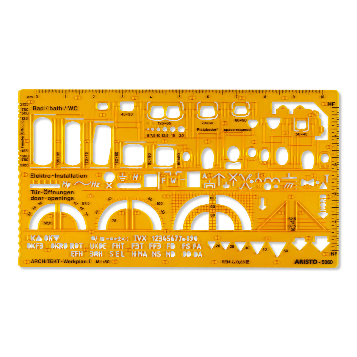 Aristo Architektur-Kombi-Schablone 1:50, 225 x 125 mm, Tuschenoppen 