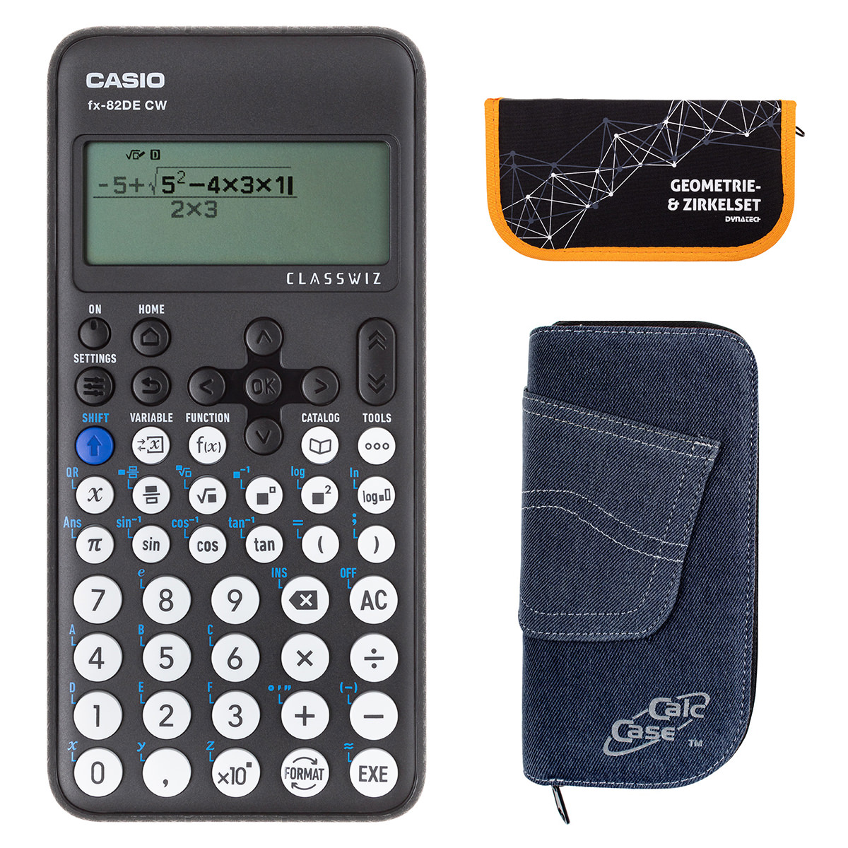 Casio FX-82 DE CW mit Jeans-Tasche dunkelblau, und Zirkelset orange