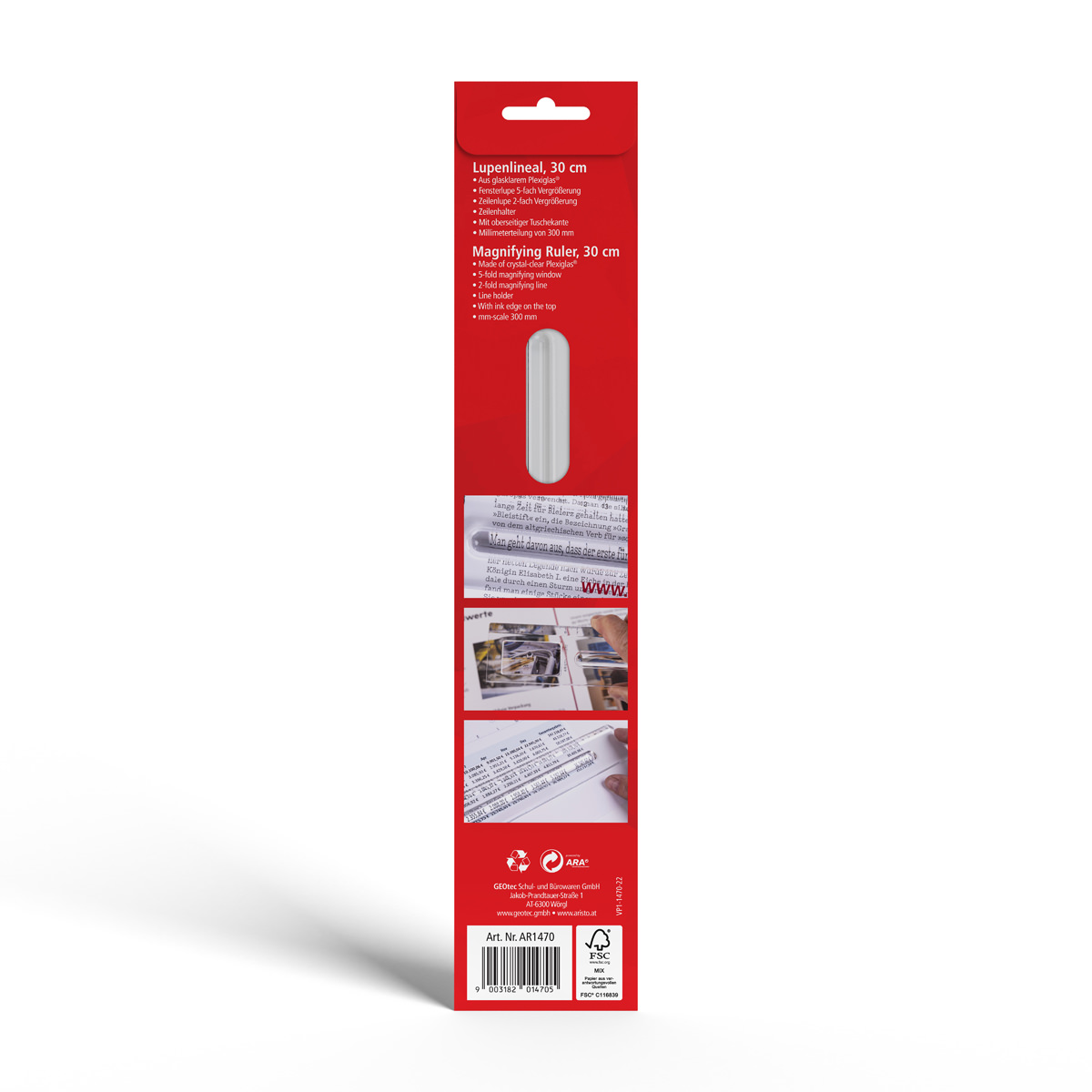 Aristo Lupenlineal 30 cm mm-Teilung, Fenster- und Zeilenlupe 
