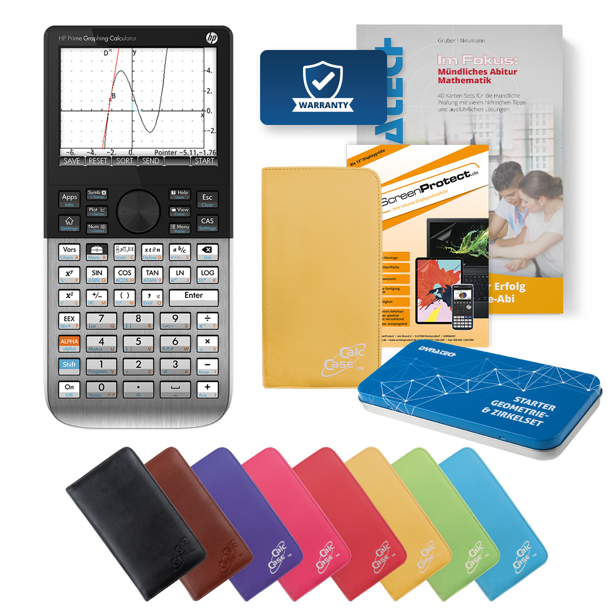 HP-Prime CAS Grafikrechner mit Tasche gelb, Folie, Fachbuch & Zirkel Set 