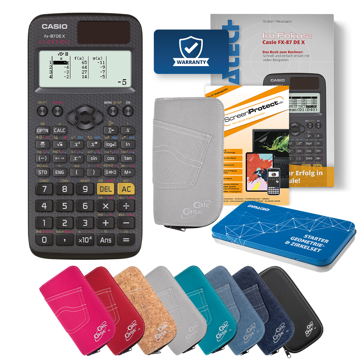 Casio FX-87 DE X Rechner Tasche hellgrau, Folie, Fachbuch & Zirkel Set 