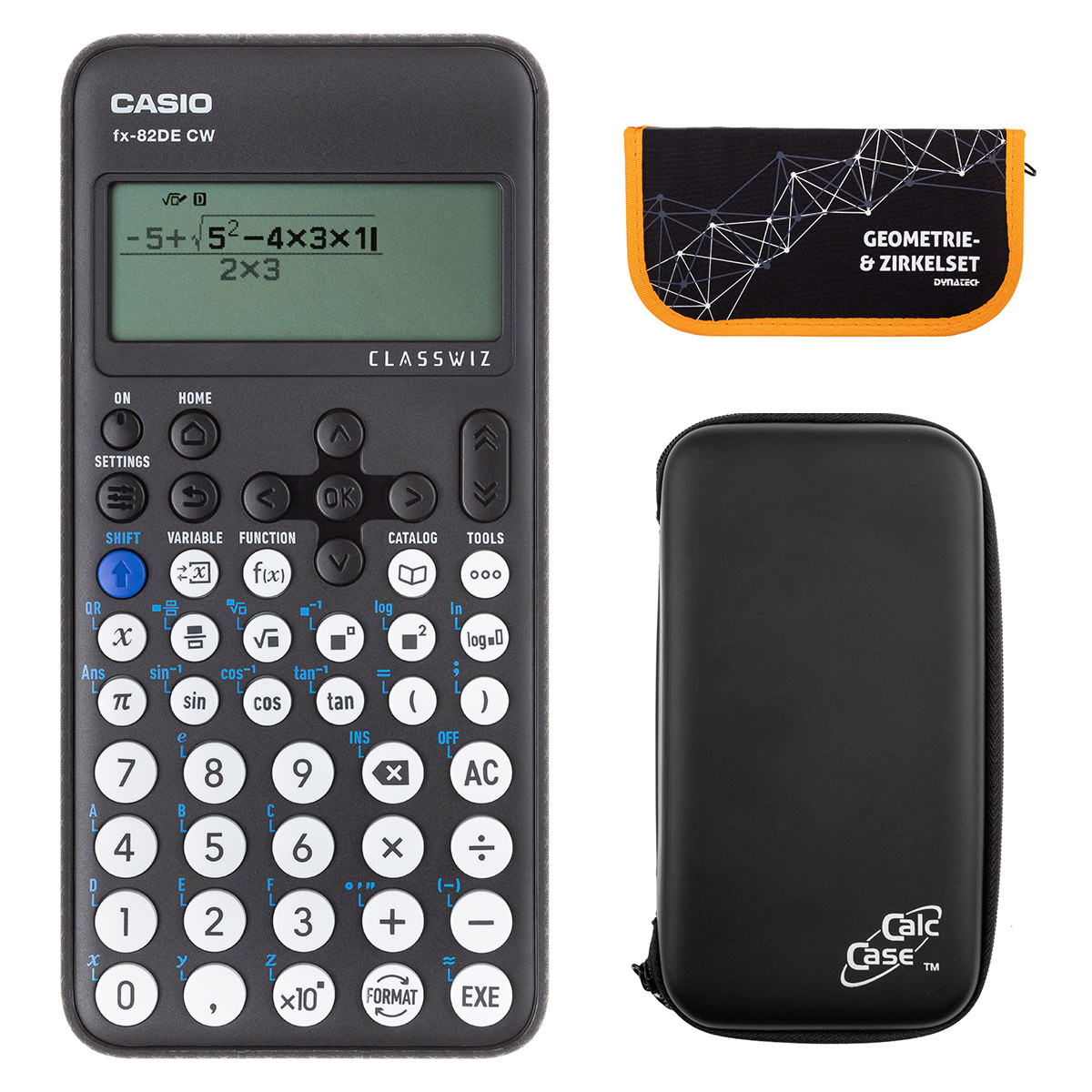 Casio FX-82 DE CW mit CalcCase-Schutztasche, und Zirkelset orange