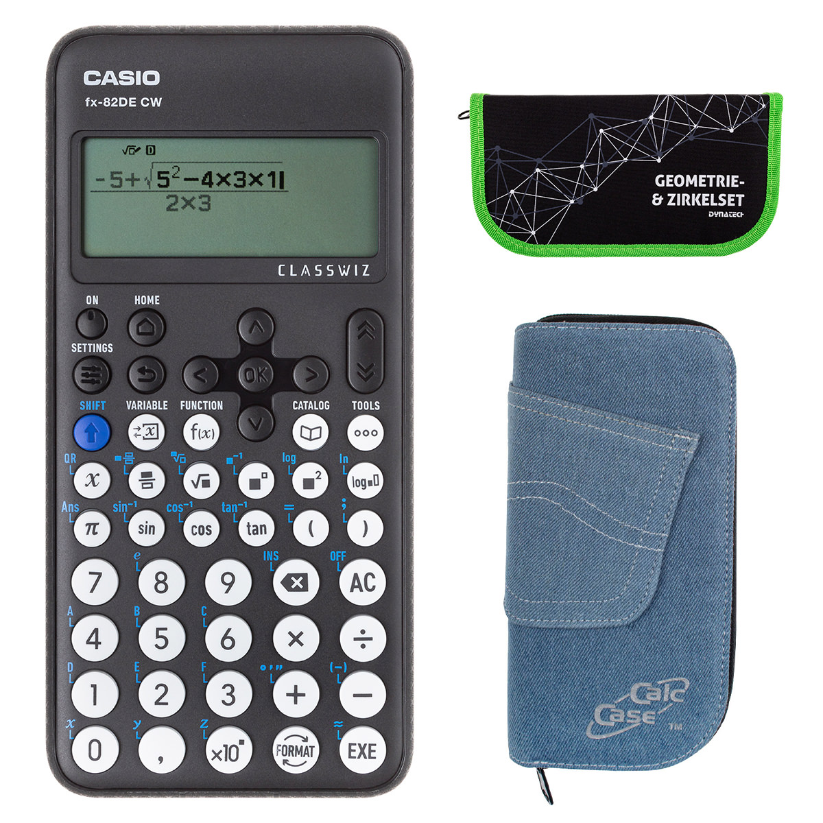 Casio FX-82 DE CW mit Jeans-Tasche hellblau, und Zirkelset grün