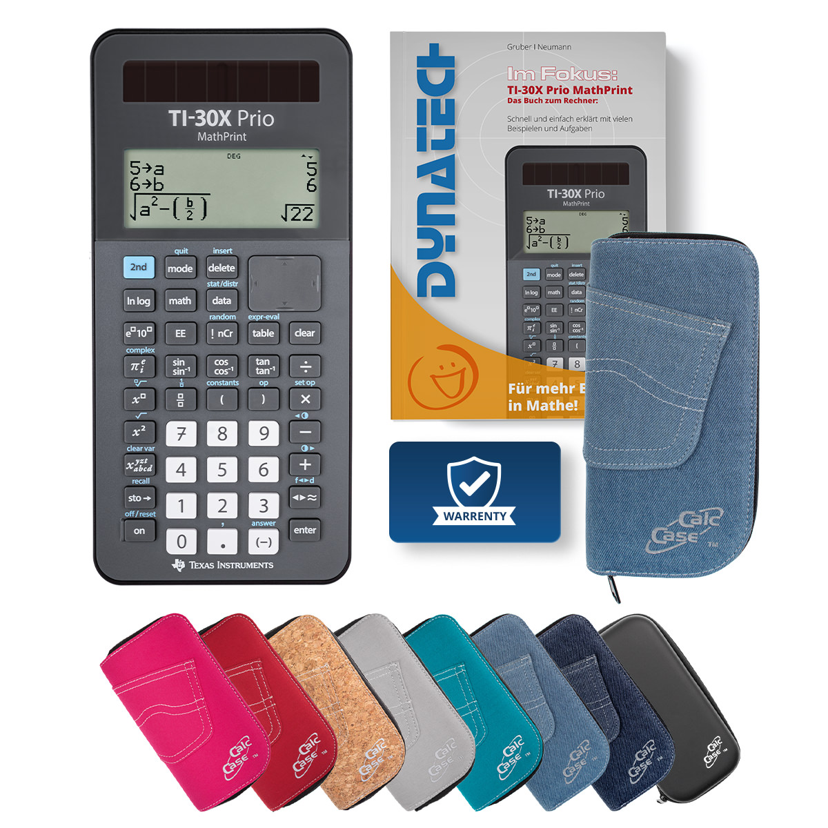 TI-30X Prio MP Schulrechner mit Schutztasche hellblau und Fachbuch 