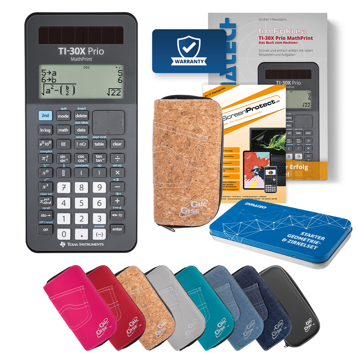 TI-30X Prio MP Rechner mit Tasche kork, Schutzfolie, Buch & Zirkel Set 