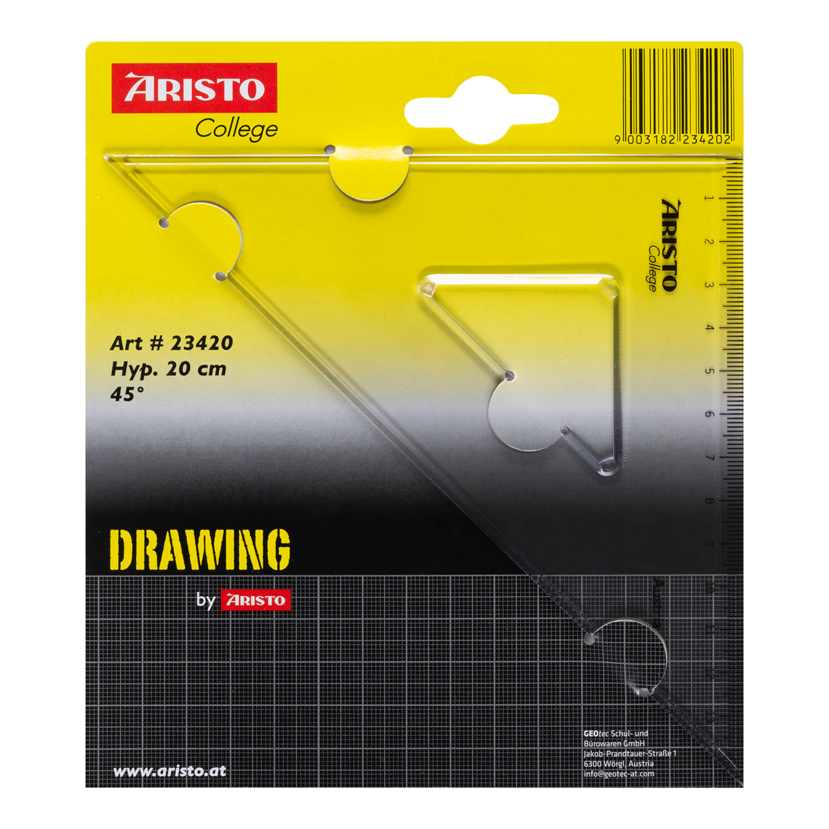 Aristo College Dreieck 45 Grad Hyp. 20 cm, transparent, Teilung 14 cm 