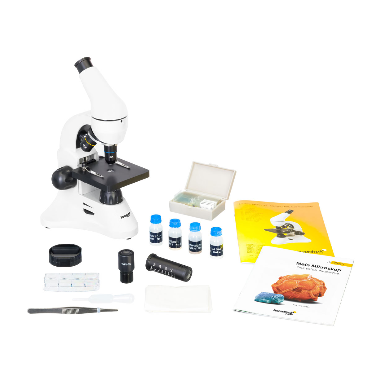 Levenhuk Rainbow 50L Mikroskop Mondstein, 40 - 800 fach, 2 LED Beleuchtungssysteme, Experimentierset inkl., Netz- bzw. Batteriebetrieb