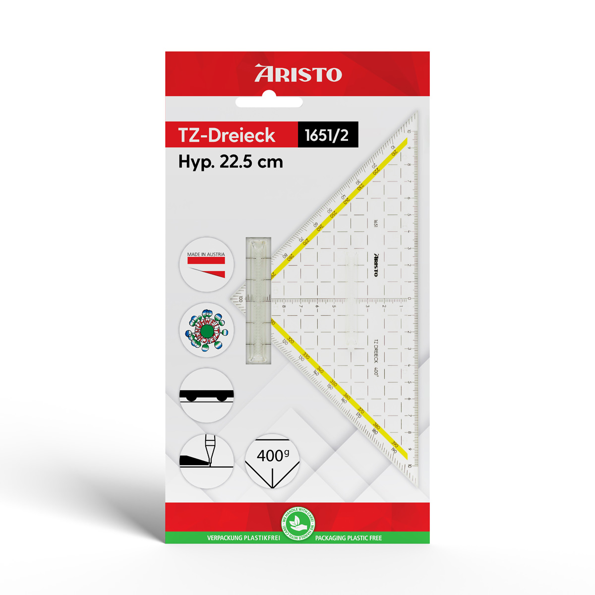 Aristo TZ-Dreieck 22,5 cm, 400 Gon Facette an Hypotenuse, Tuschenoppen 