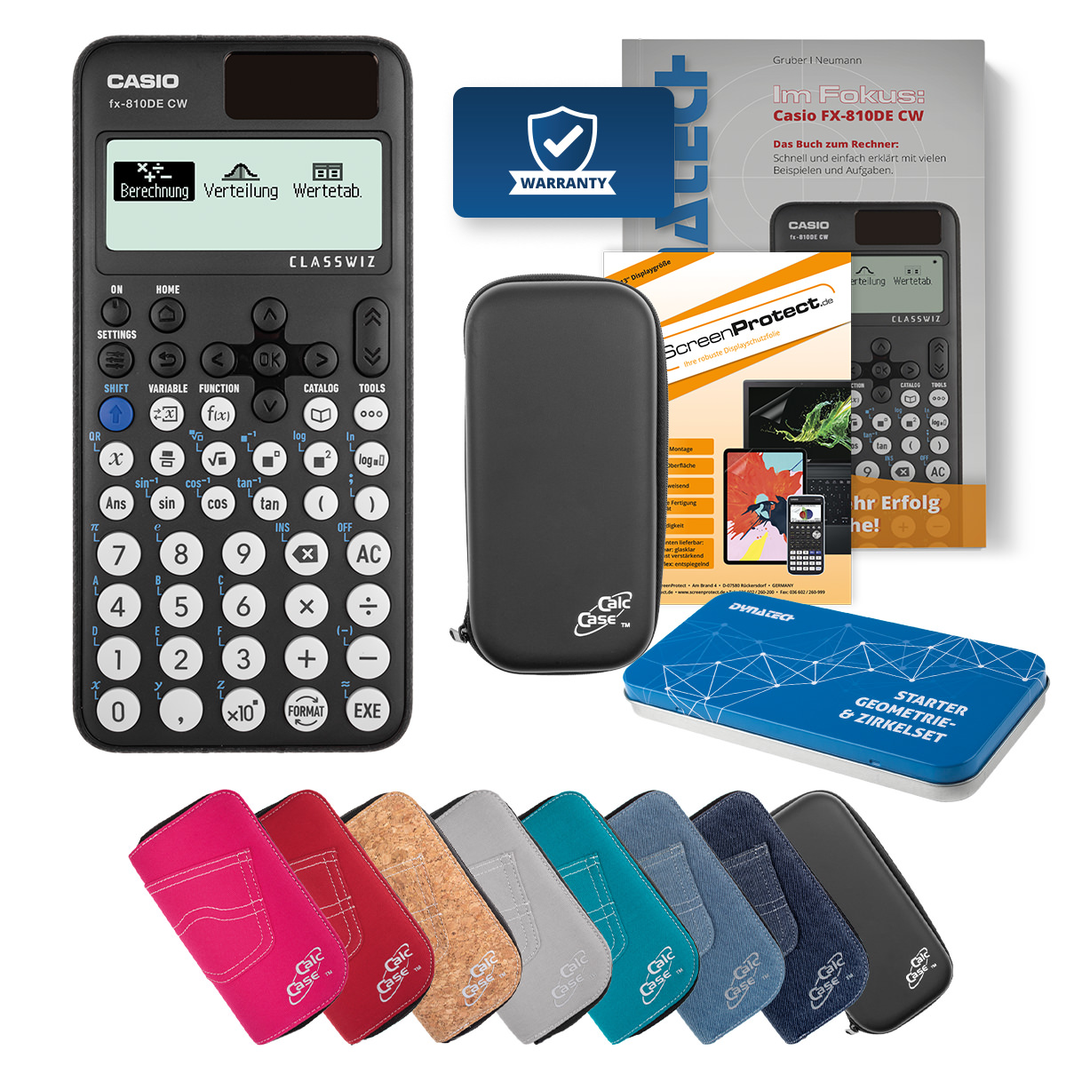 Casio FX-810 DE CW Schulrechner Deluxe Bundle mit Schutztasche, Schutzfolie, Fachbuch und Zirkel Set 