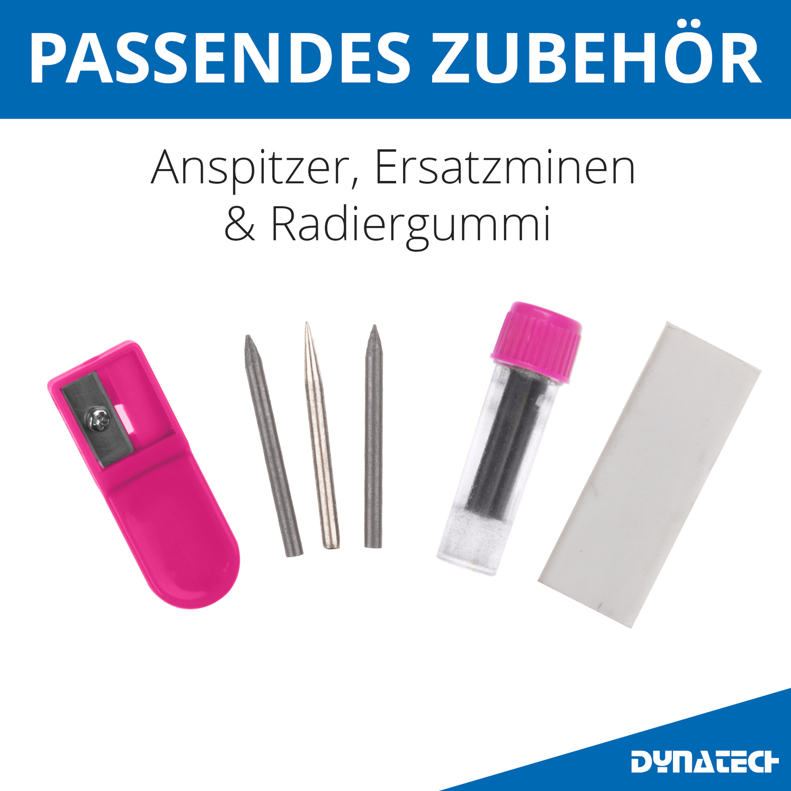 DynaTech Schnellverstellzirkel pink inkl. 2 Ersatzminen, Etui & 10 weiteren Zubehörartikeln