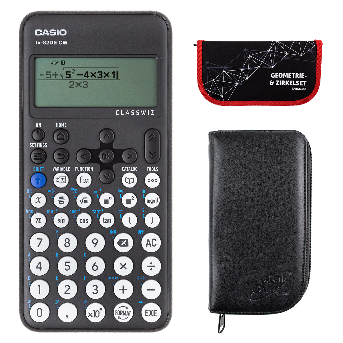 Casio FX-82 DE CW mit schwarzer Tasche, und Zirkelset rot
