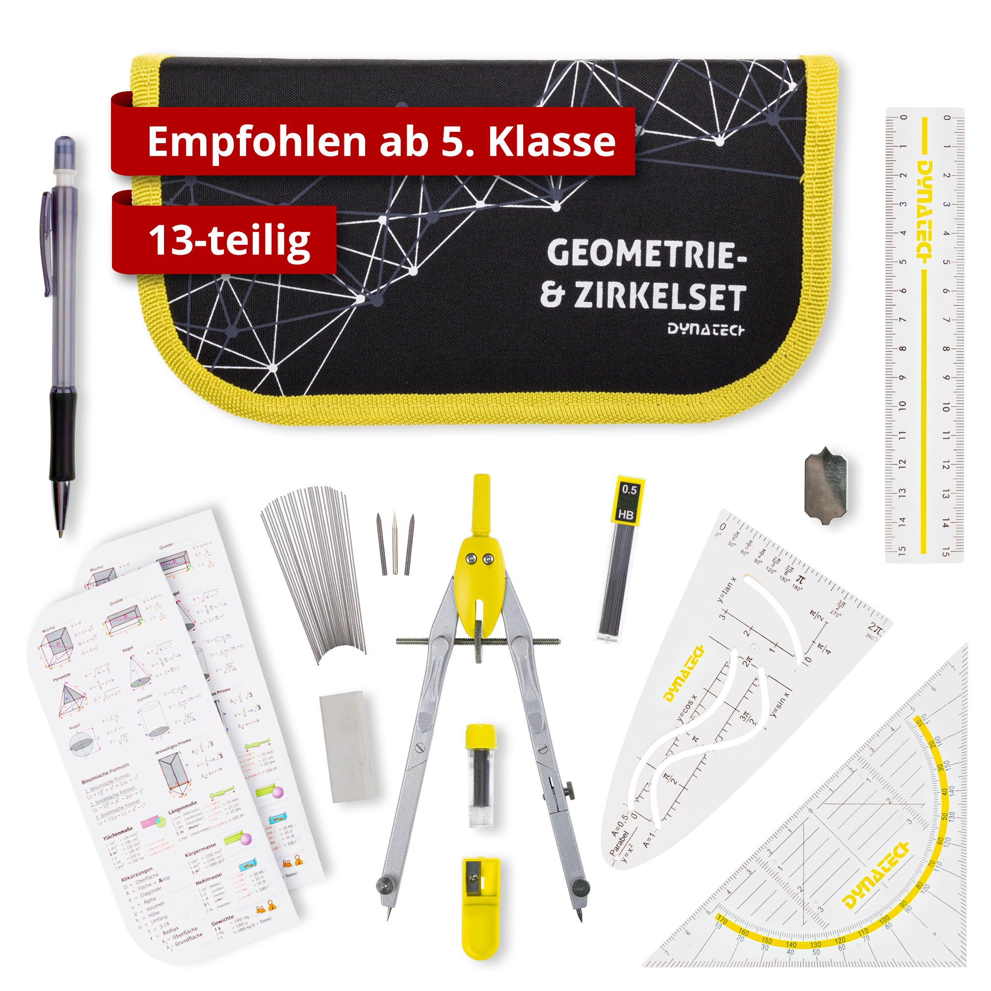 DynaTech Schnellverstellzirkel gelb inkl. 2 Ersatzminen, Etui & 10 weiteren Zubehörartikeln
