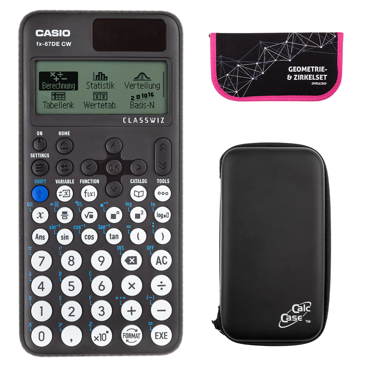 Casio FX-87 DE CW mit CalcCase-Schutztasche und Zirkelset pink