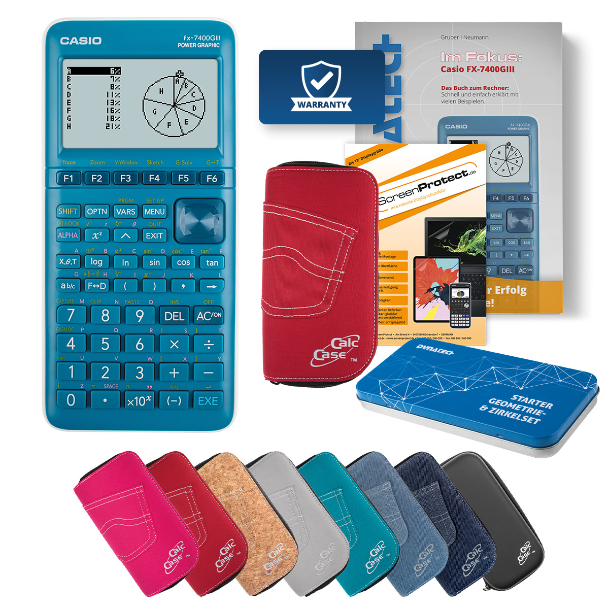 Casio FX-7400 G III Rechner mit Tasche rot, Folie, Fachbuch, Zirkel Set 