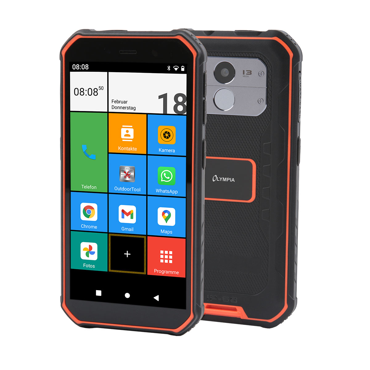 Olympia TREK Outdoor Smartphone schwarz/orange I Großer Akku I GPS/AGPS/GLONASS/BEIDOU I viele Sensoren I Hoher Schutz IP 68 I Dual-SIM