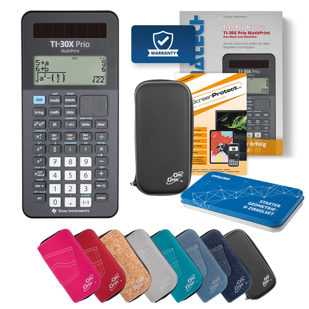 TI-30X Prio MP Rechner mit Tasche schwarz, Schutzfolie, Buch & Zirkel Set 